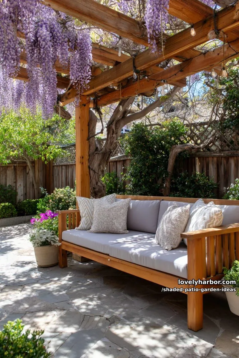 15 Dreamy Shaded Patio Garden Ideas to Inspire Your Backyard 7 cozy corner bench under a wisteria-draped pergola with fairy lights 1