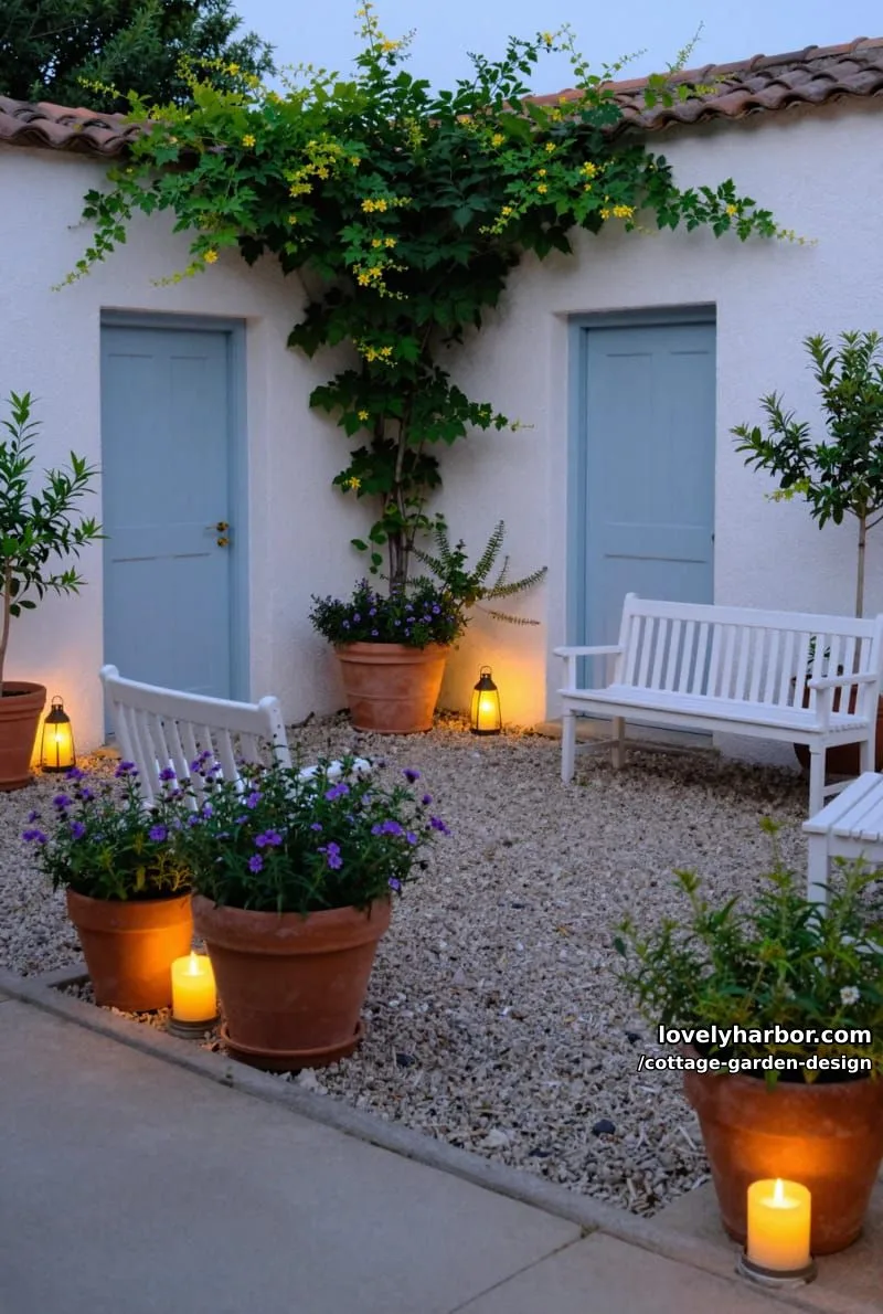 cozy courtyard garden at dusk with terracotta pots and glowing lanterns 1