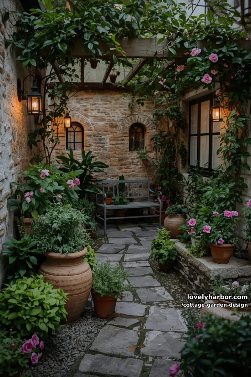 cozy courtyard garden at dusk with terracotta pots and glowing lanterns 1