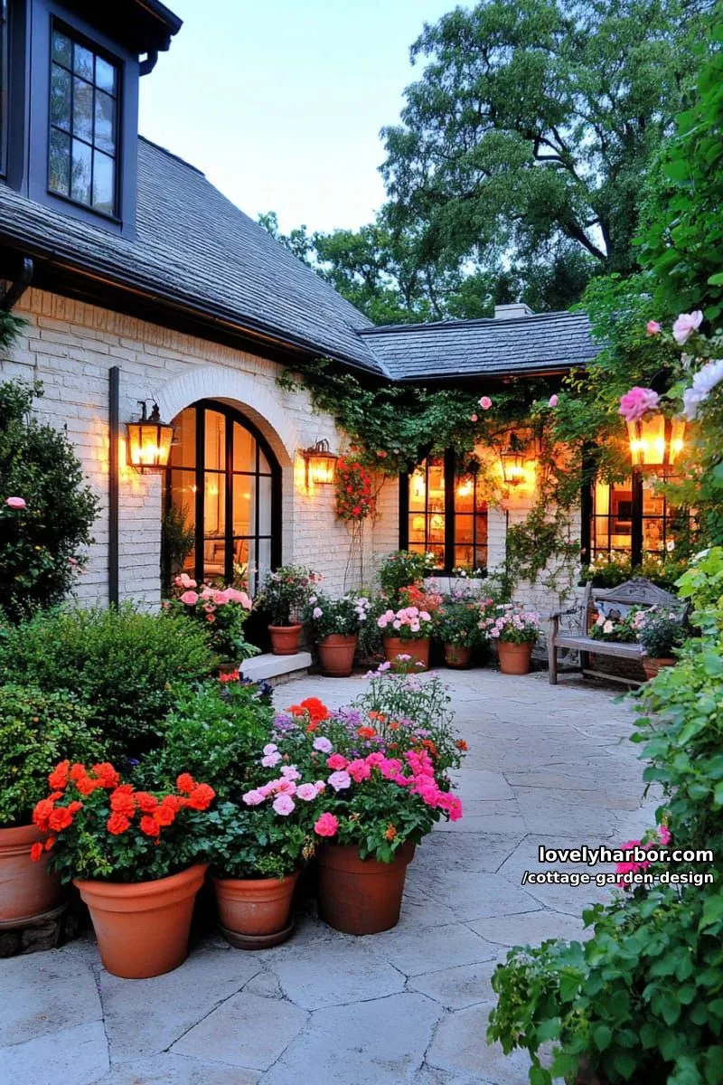 cozy courtyard garden at dusk with terracotta pots and glowing lanterns 1