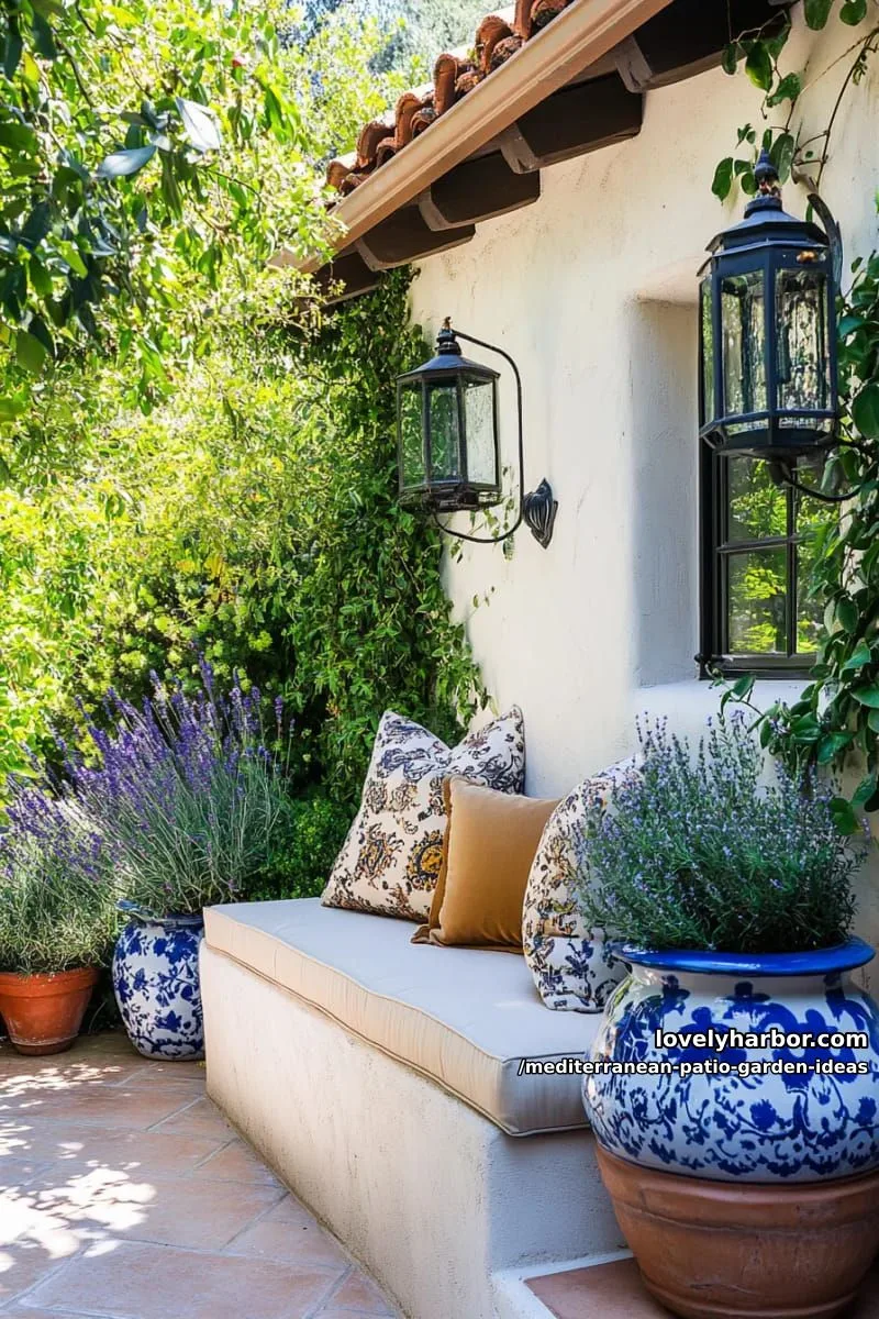 15 Mediterranean Patio Garden Ideas For A Dreamy Modern Homes 44 cozy garden nook with stone bench and mismatched vintage ceramic planters 1