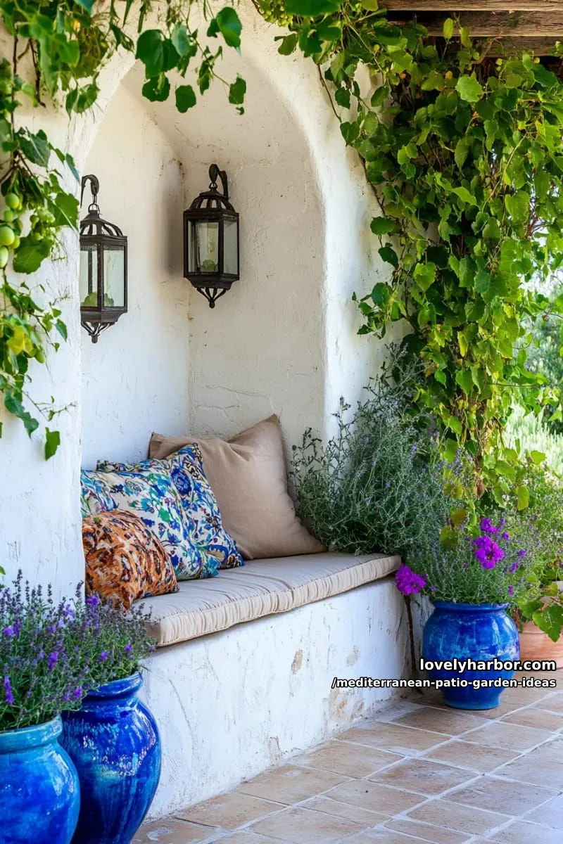 15 Mediterranean Patio Garden Ideas For A Dreamy Modern Homes 45 cozy garden nook with stone bench and mismatched vintage ceramic planters 1