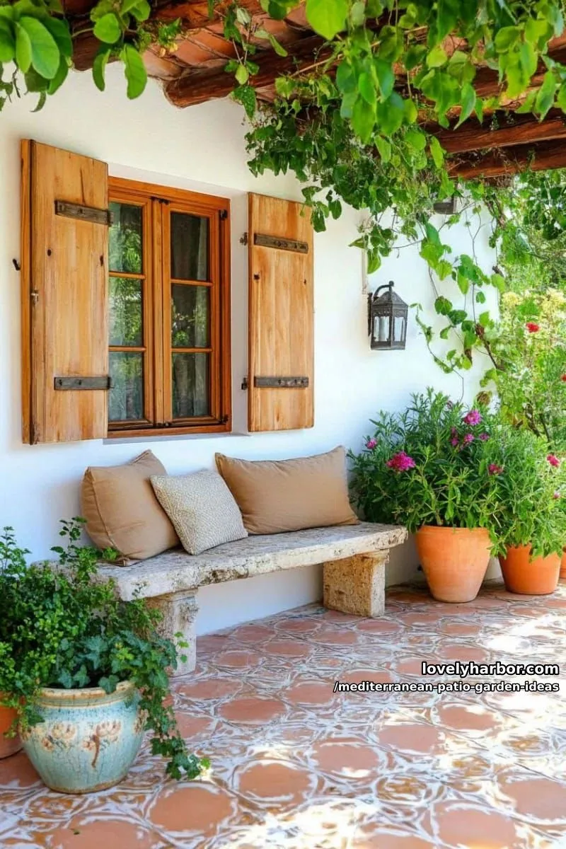 15 Mediterranean Patio Garden Ideas For A Dreamy Modern Homes 46 cozy garden nook with stone bench and mismatched vintage ceramic planters 1
