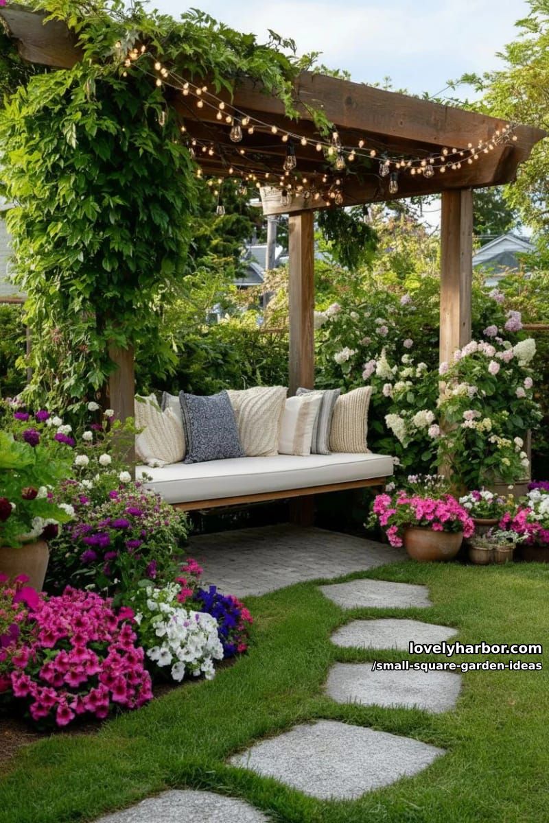 20 Small Square Garden Ideas To Help You Relax In Style 13 cozy garden nook with vine-covered pergola, fairy lights, and floral beds. 1