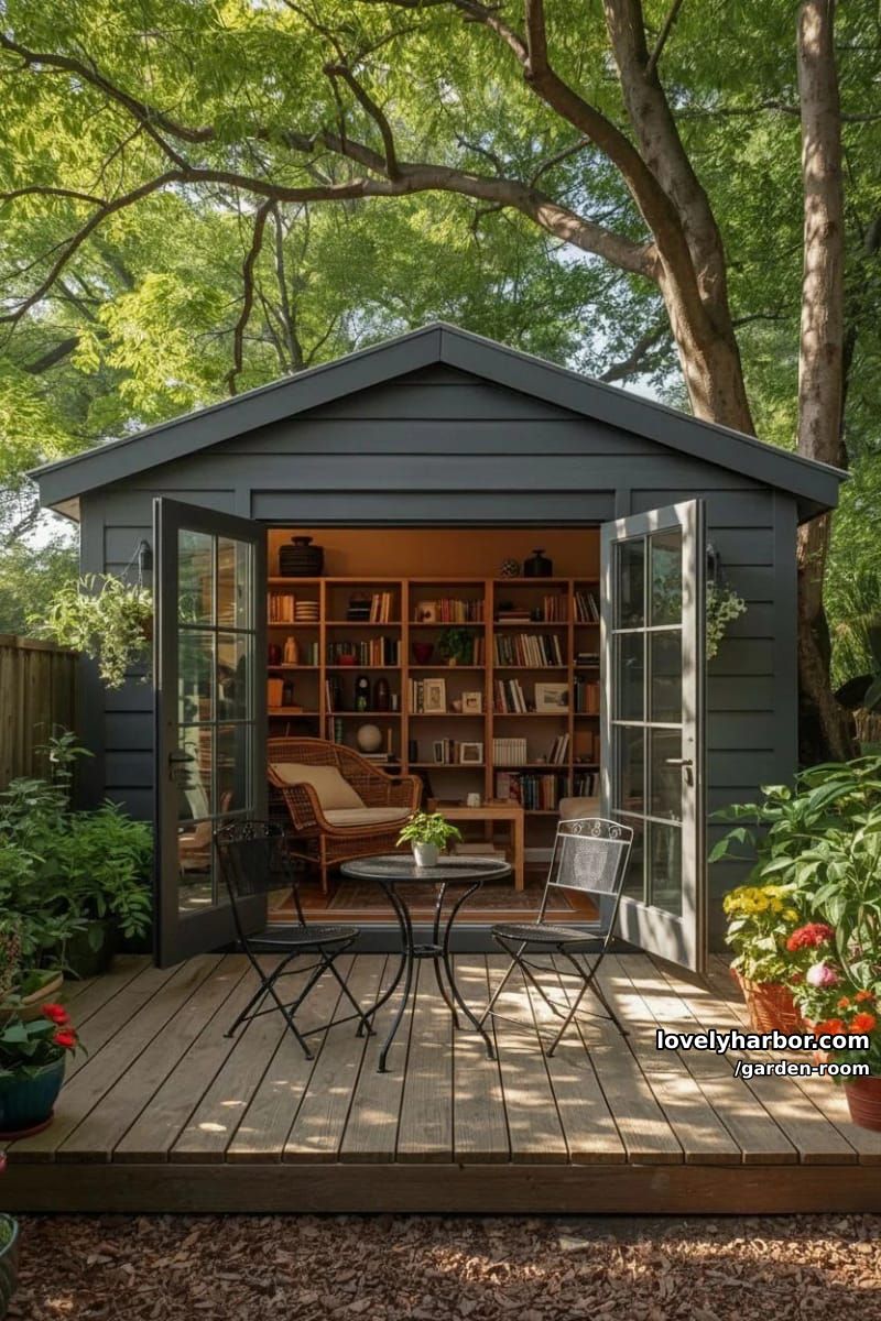 cozy modern garden studio with french doors and outdoor seating. 1