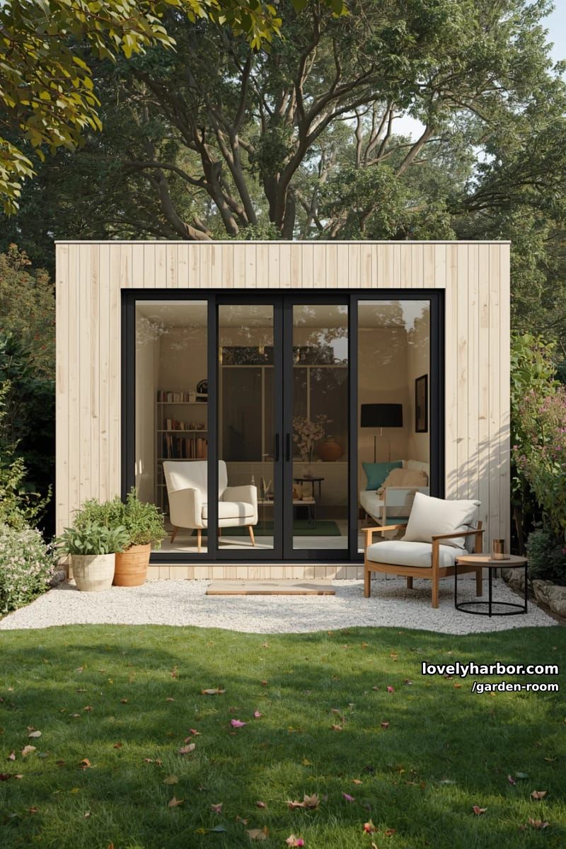 cozy modern garden studio with french doors and outdoor seating. 1