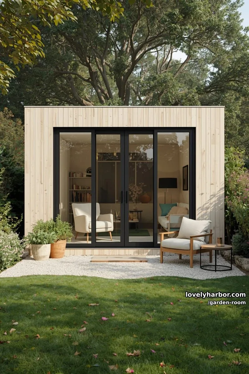 cozy modern garden studio with french doors and outdoor seating. 1