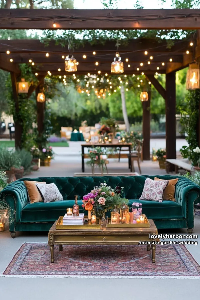 cozy outdoor lounge area with velvet sofas and boho rugs under the stars 1