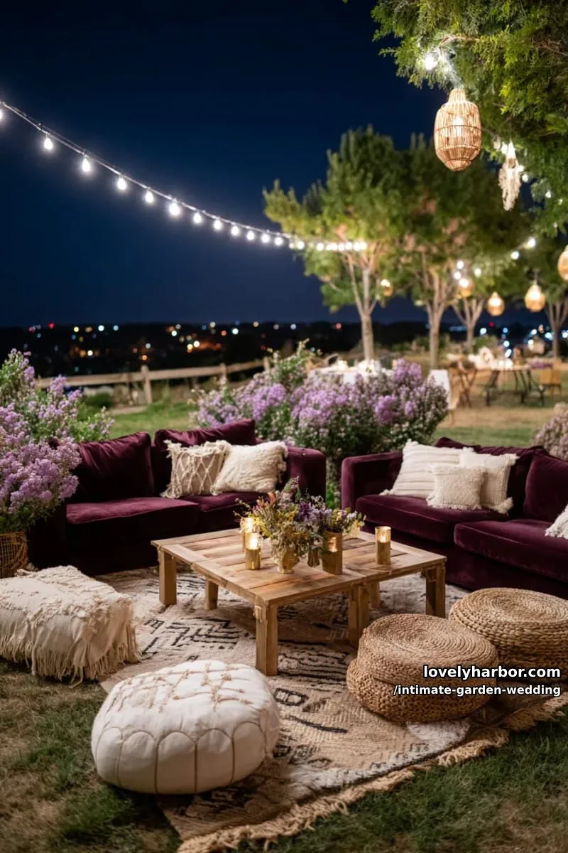 cozy outdoor lounge area with velvet sofas and boho rugs under the stars 1