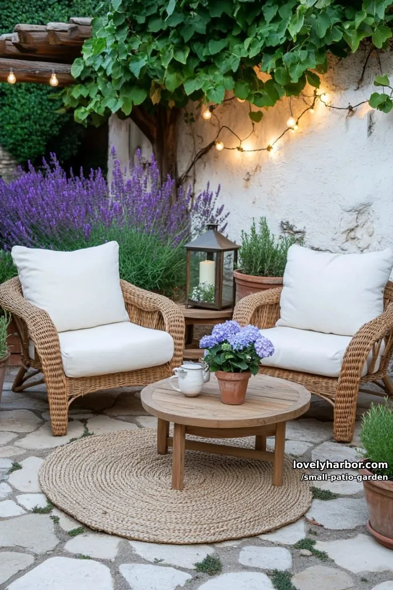 cozy patio with stone pavers, lush plants, and warm lighting. 1