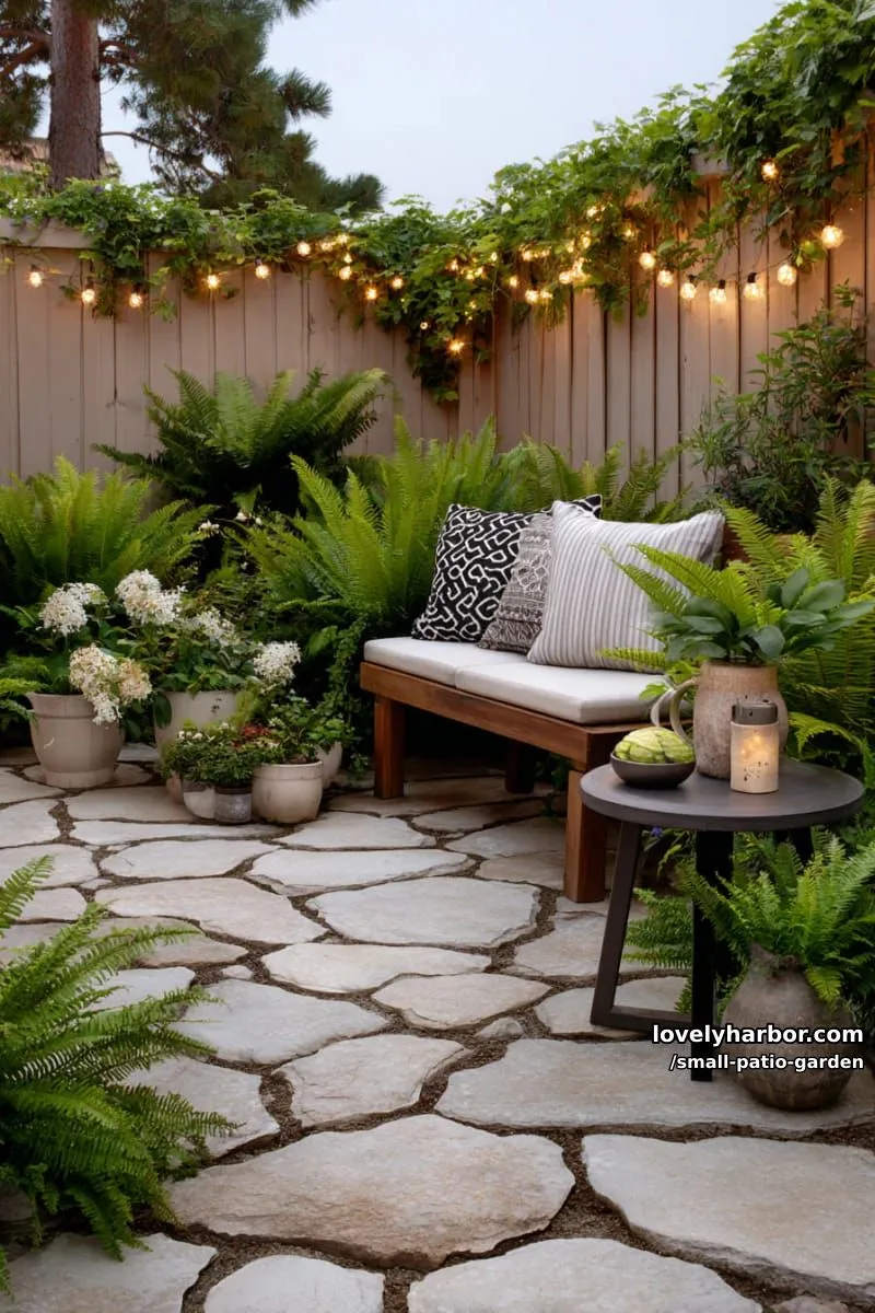 cozy patio with stone pavers, lush plants, and warm lighting. 1