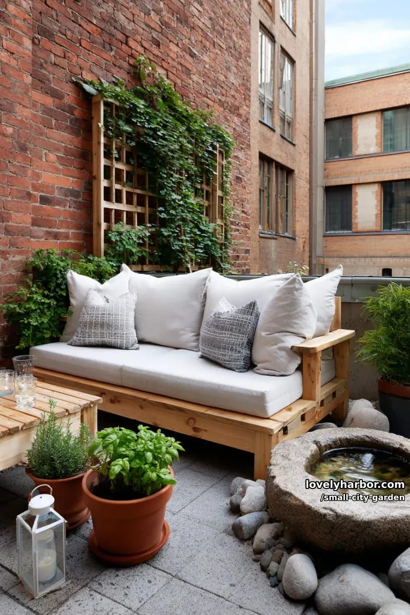 20 Small City Garden To Transform Your Space 23 cozy patio with wooden sofa, coffee table, potted herbs, and water feature. 1