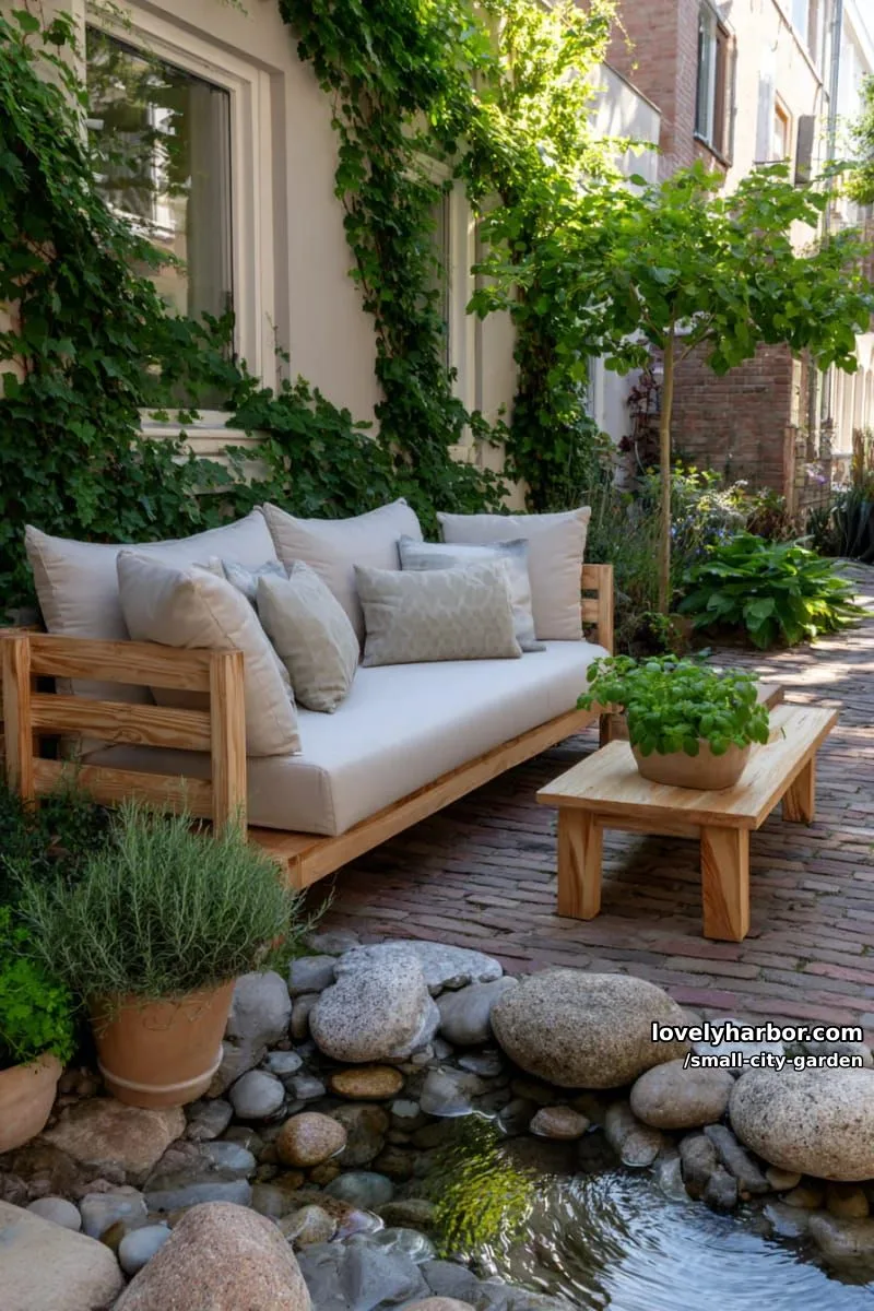 20 Small City Garden To Transform Your Space 24 cozy patio with wooden sofa, coffee table, potted herbs, and water feature. 1