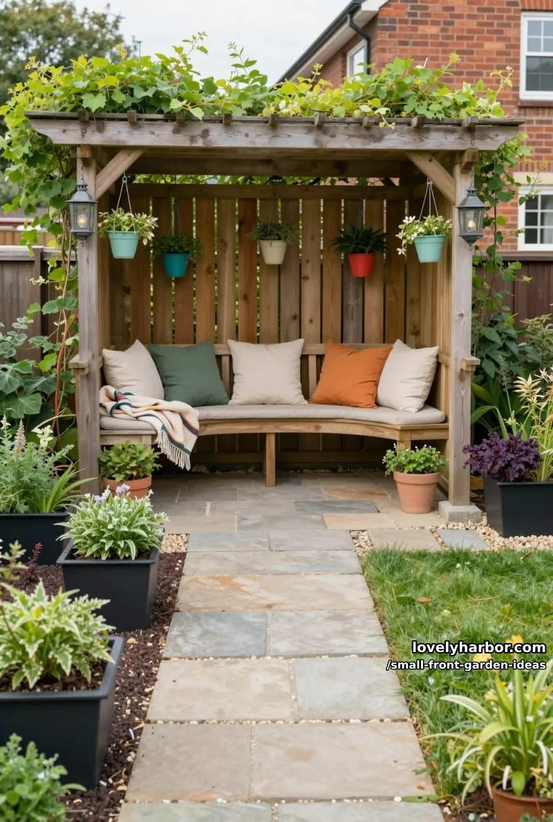 cozy pergola garden with bench, hanging plants, lanterns, and paver path. 1