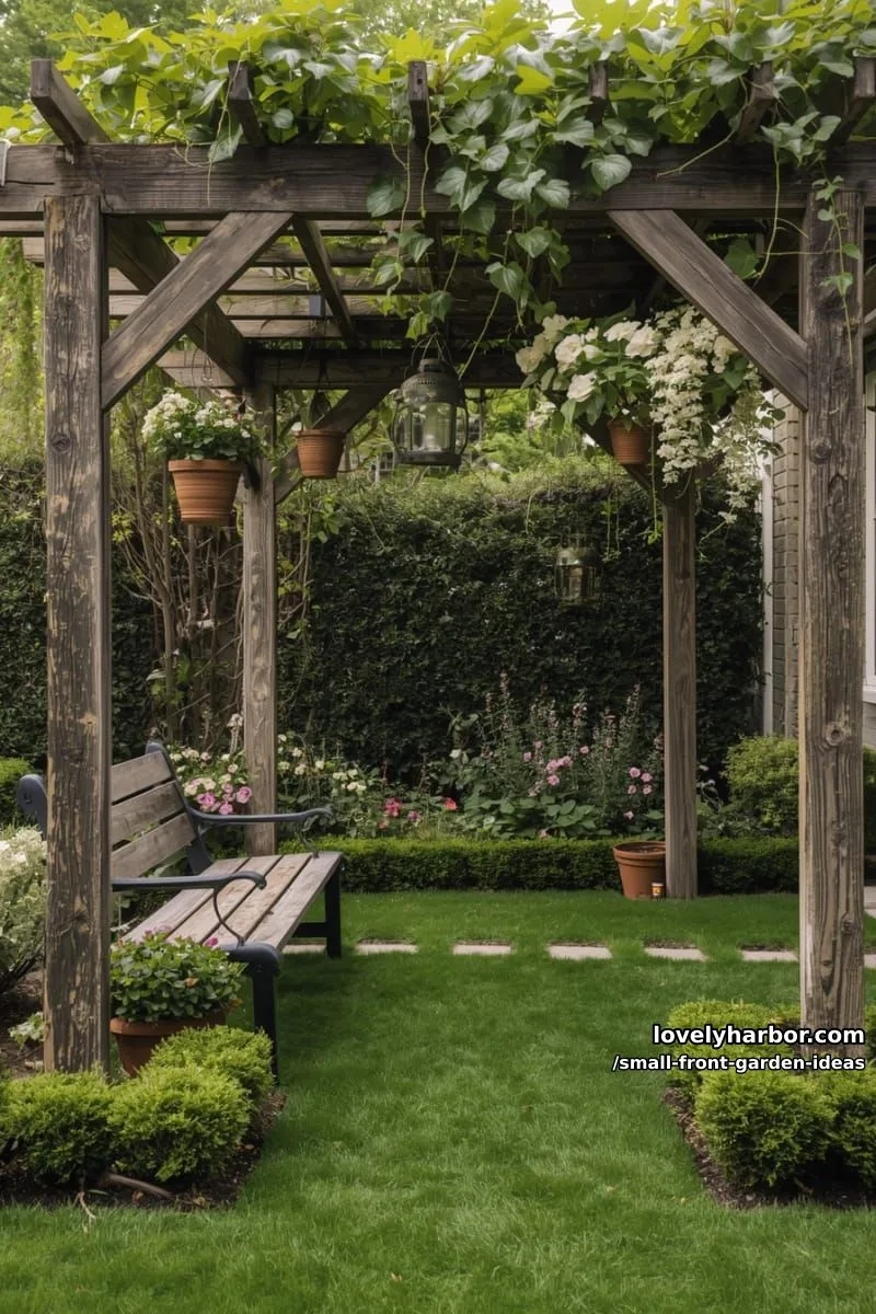 cozy pergola garden with bench, hanging plants, lanterns, and paver path. 1