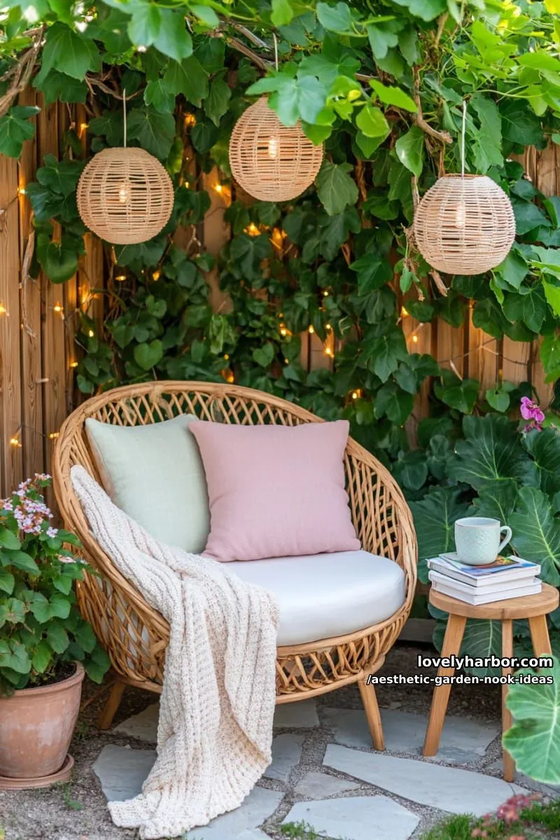 15 Aesthetic Garden Nook Ideas to Inspire Your Outdoor Escape 14 cozy reading corner with lanterns, plush cushions and ivy backdrop 1