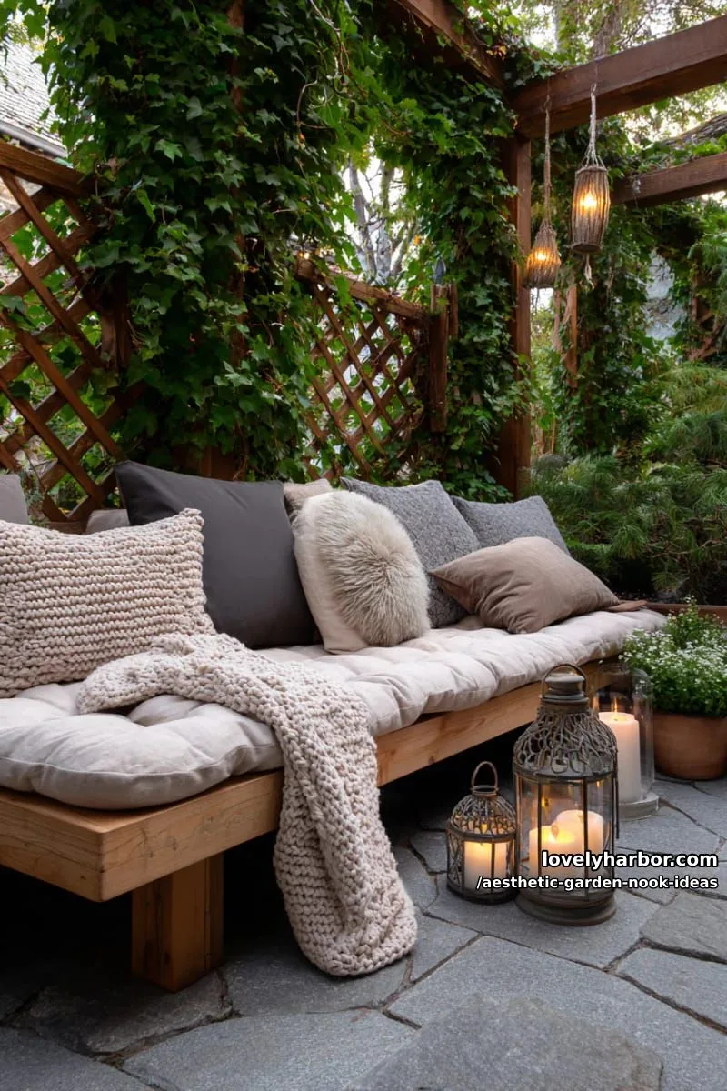 15 Aesthetic Garden Nook Ideas to Inspire Your Outdoor Escape 15 cozy reading corner with lanterns, plush cushions and ivy backdrop 1