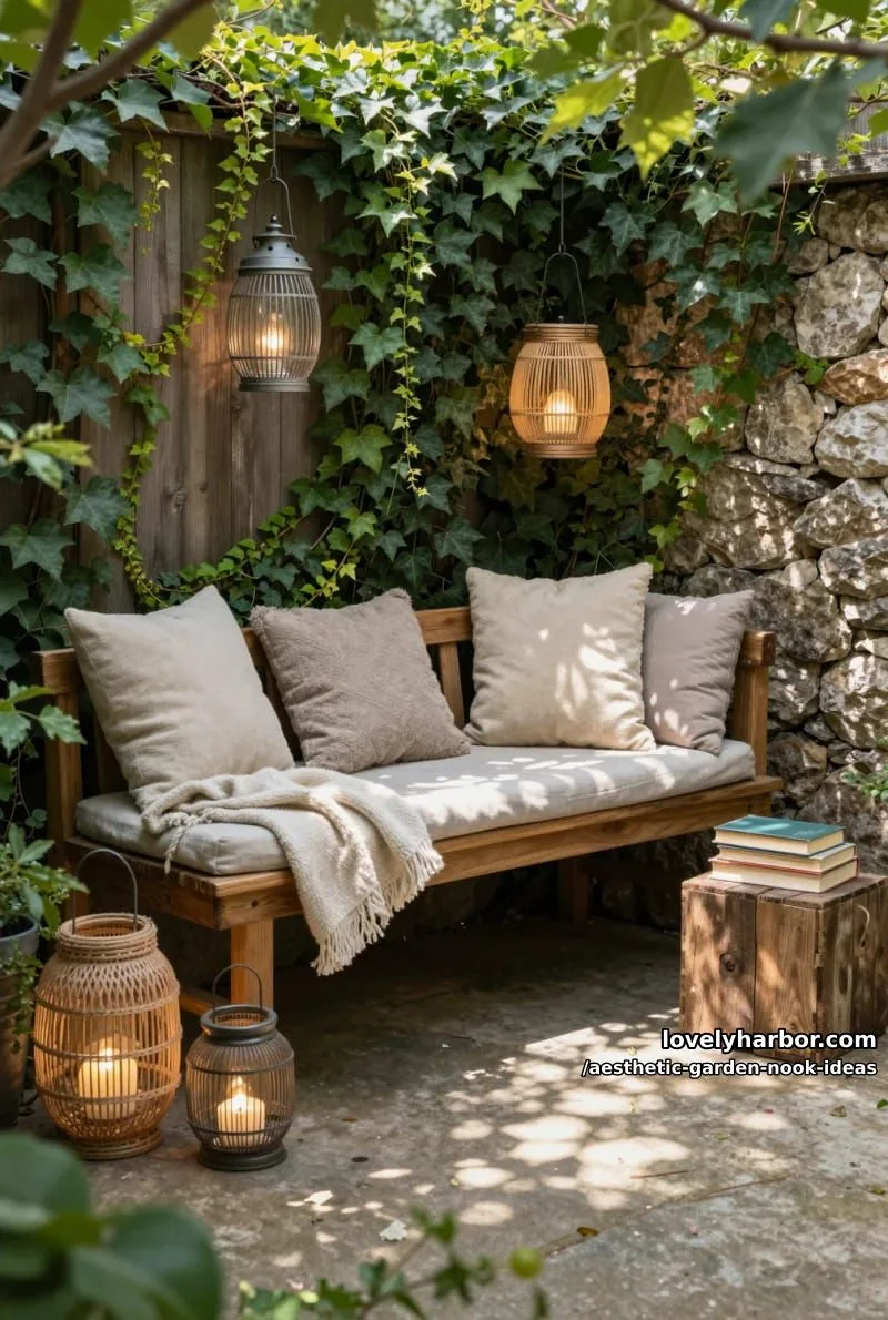 15 Aesthetic Garden Nook Ideas to Inspire Your Outdoor Escape 16 cozy reading corner with lanterns, plush cushions and ivy backdrop 1