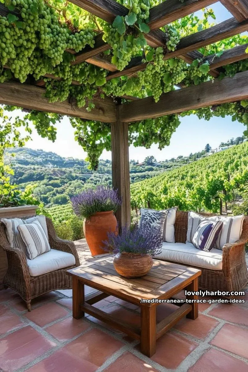 cozy seating nook under a wooden pergola wrapped in grapevines 1