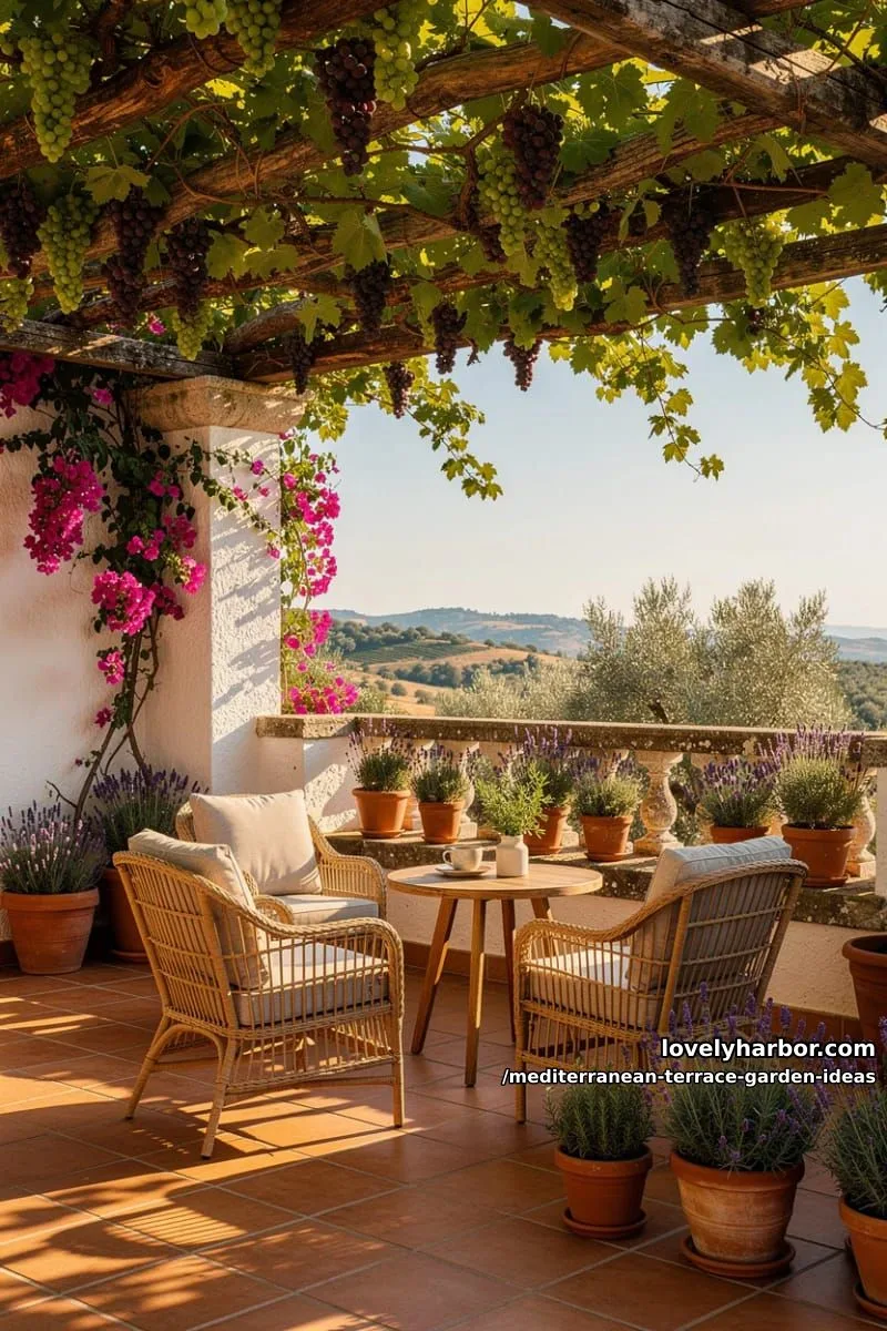 cozy seating nook under a wooden pergola wrapped in grapevines 1