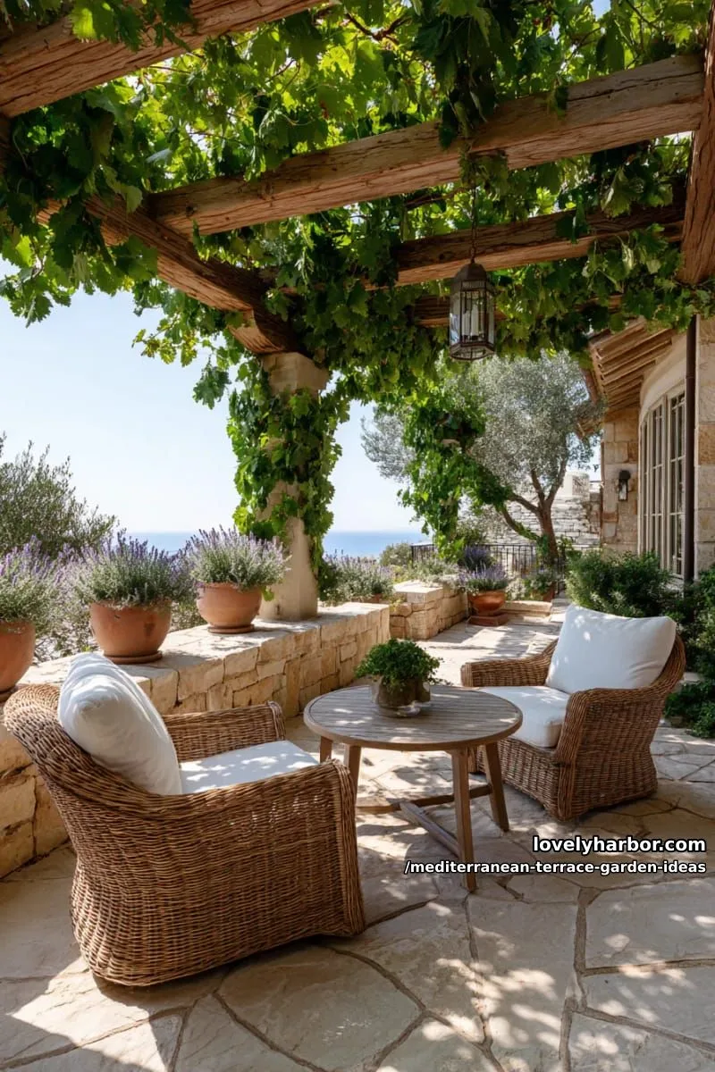 cozy seating nook under a wooden pergola wrapped in grapevines 1