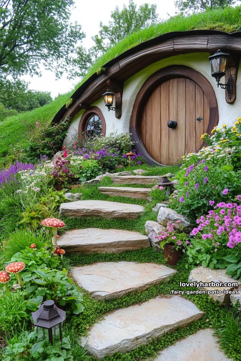 craft a hobbit hole entrance with a round mossy door tucked in a hillside. 1