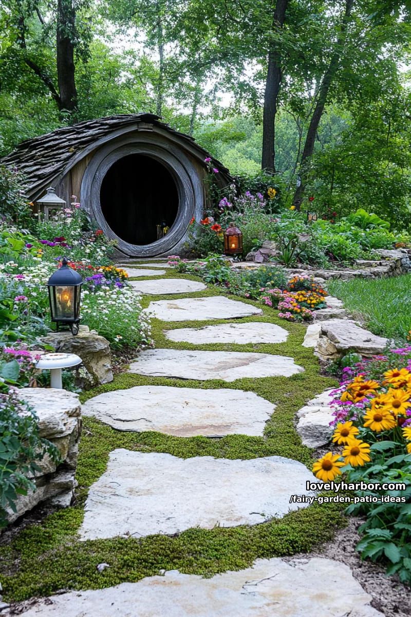 craft a hobbit hole entrance with a round mossy door tucked in a hillside. 1