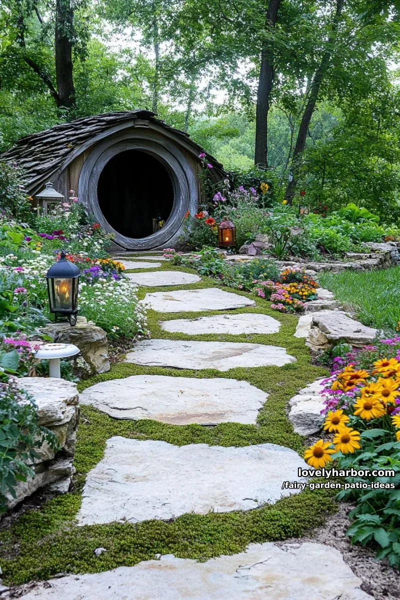 15 Enchanting Fairy Garden Patio Ideas to Inspire Your Space 20 craft a hobbit hole entrance with a round mossy door tucked in a hillside. 1