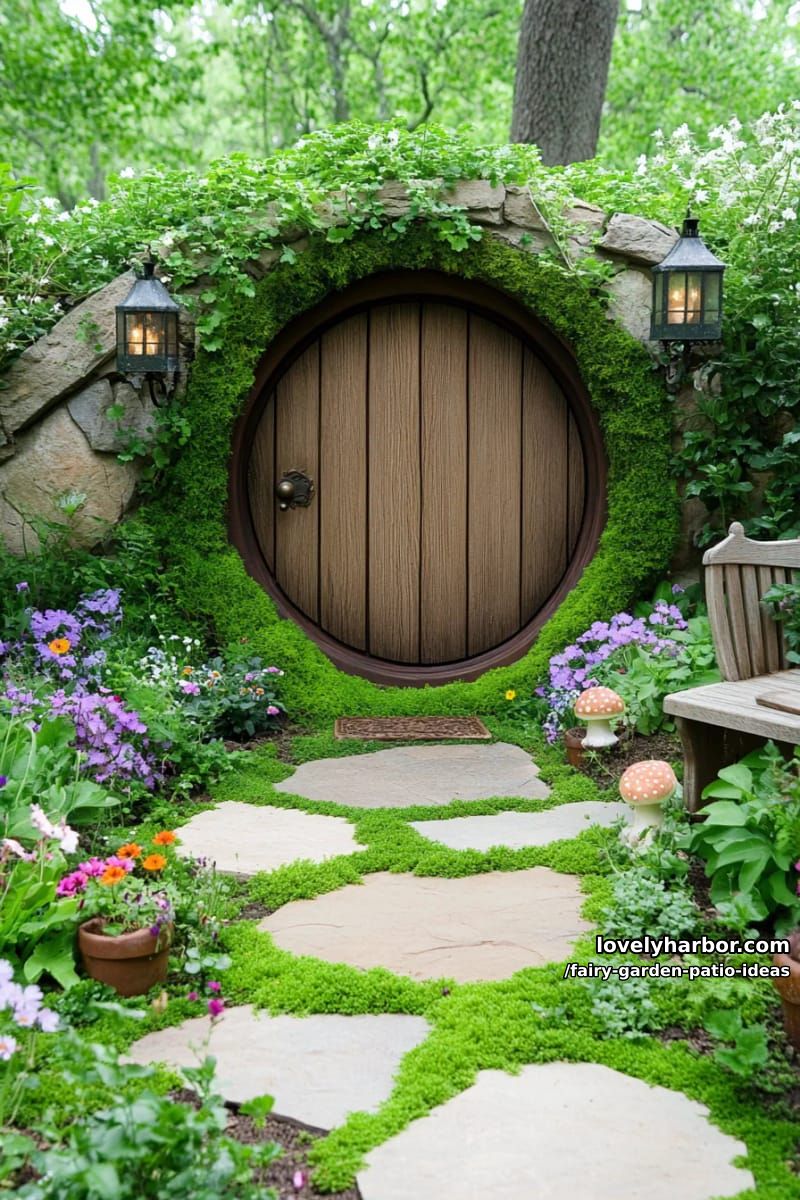 craft a hobbit hole entrance with a round mossy door tucked in a hillside. 1