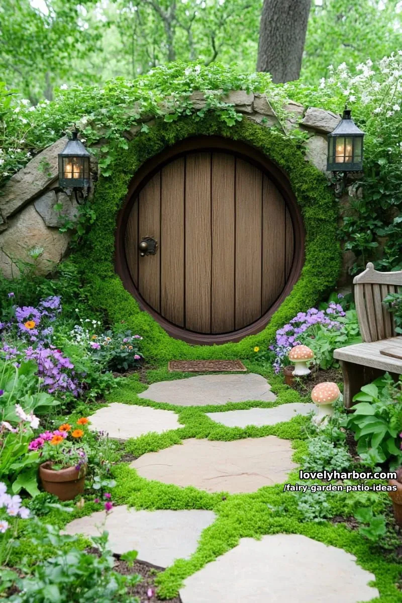 15 Enchanting Fairy Garden Patio Ideas to Inspire Your Space 21 craft a hobbit hole entrance with a round mossy door tucked in a hillside. 1