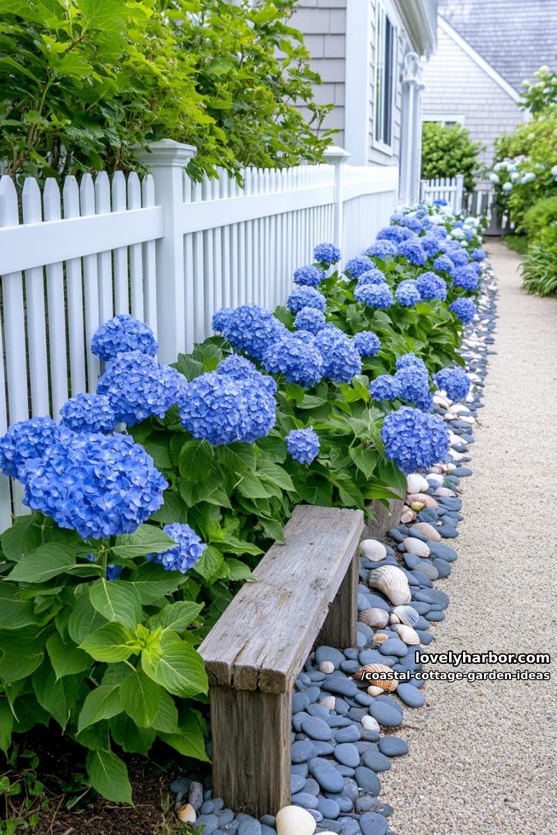 craft a soft blue hydrangea hedge with white picket fencing and sand paths 1