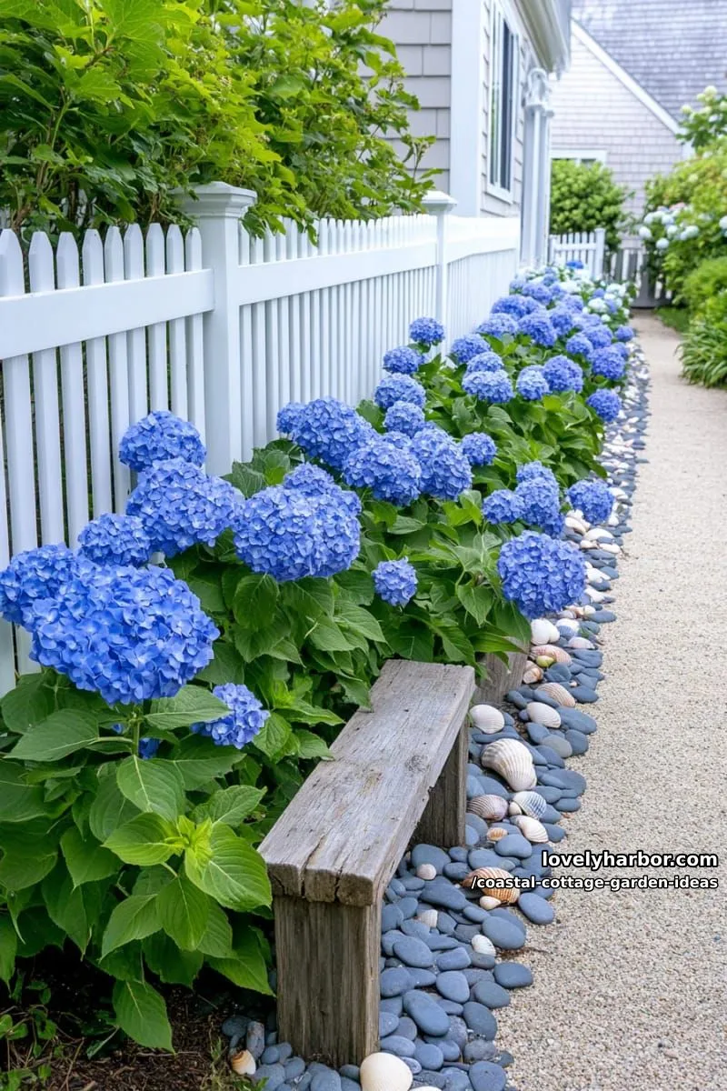 craft a soft blue hydrangea hedge with white picket fencing and sand paths 1