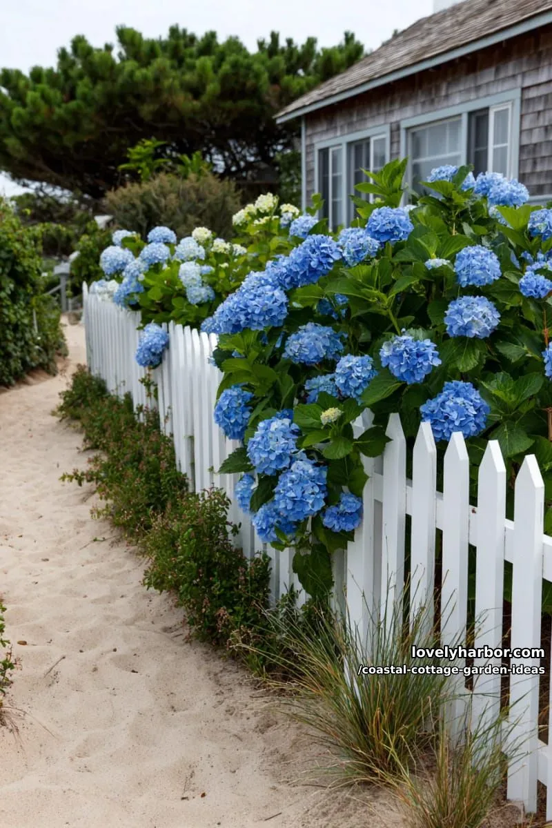 craft a soft blue hydrangea hedge with white picket fencing and sand paths 1