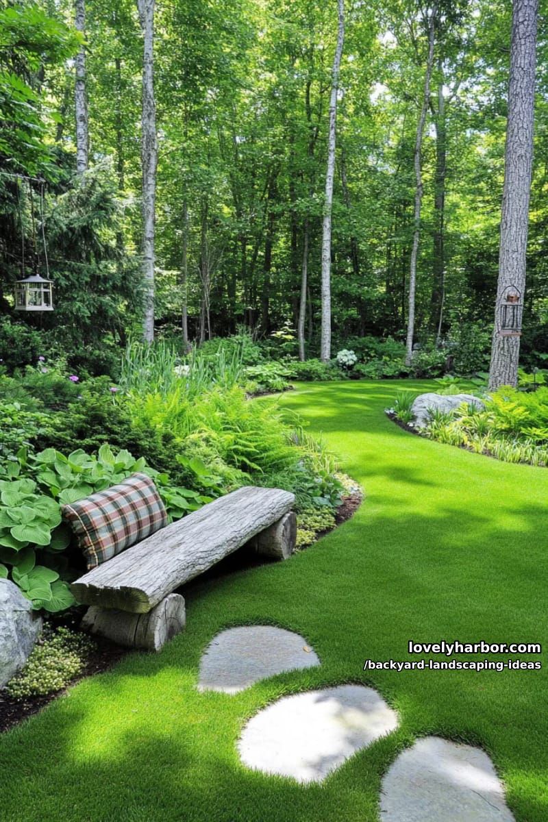 create a mini woodland corner with birch logs and dense evergreens. 1