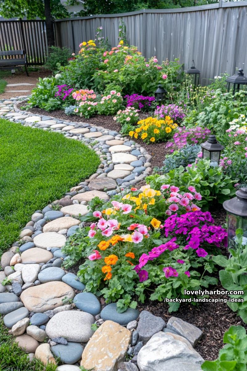 create a spiral rock garden with blooming flowers and layered greenery. 1