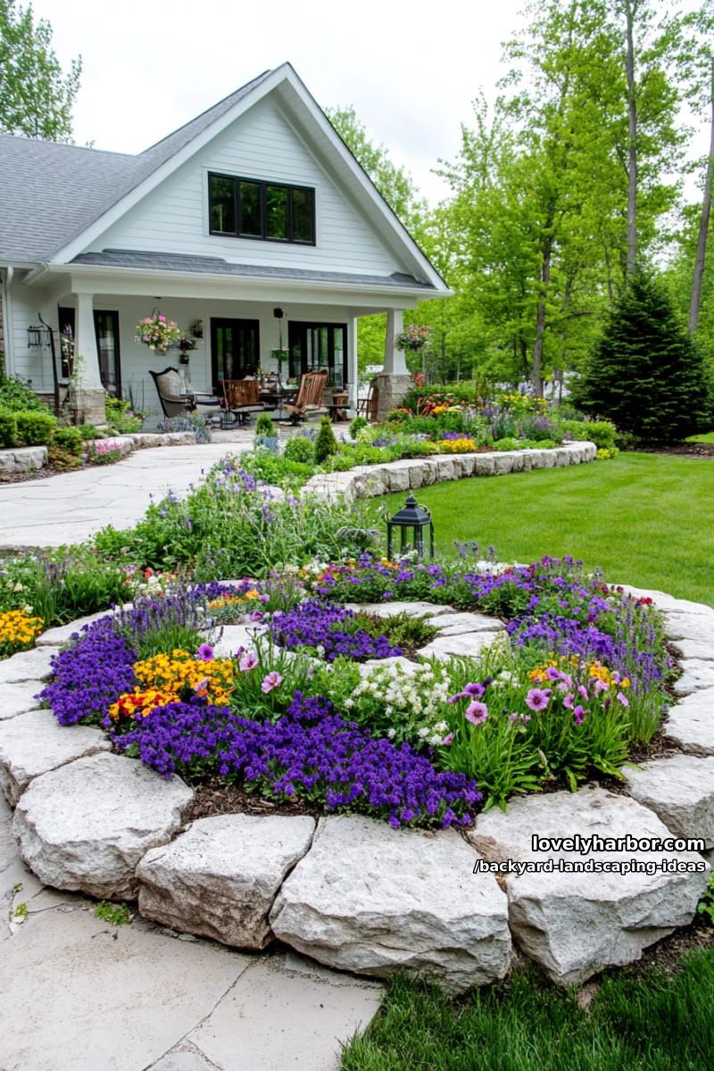 create a spiral rock garden with blooming flowers and layered greenery. 1