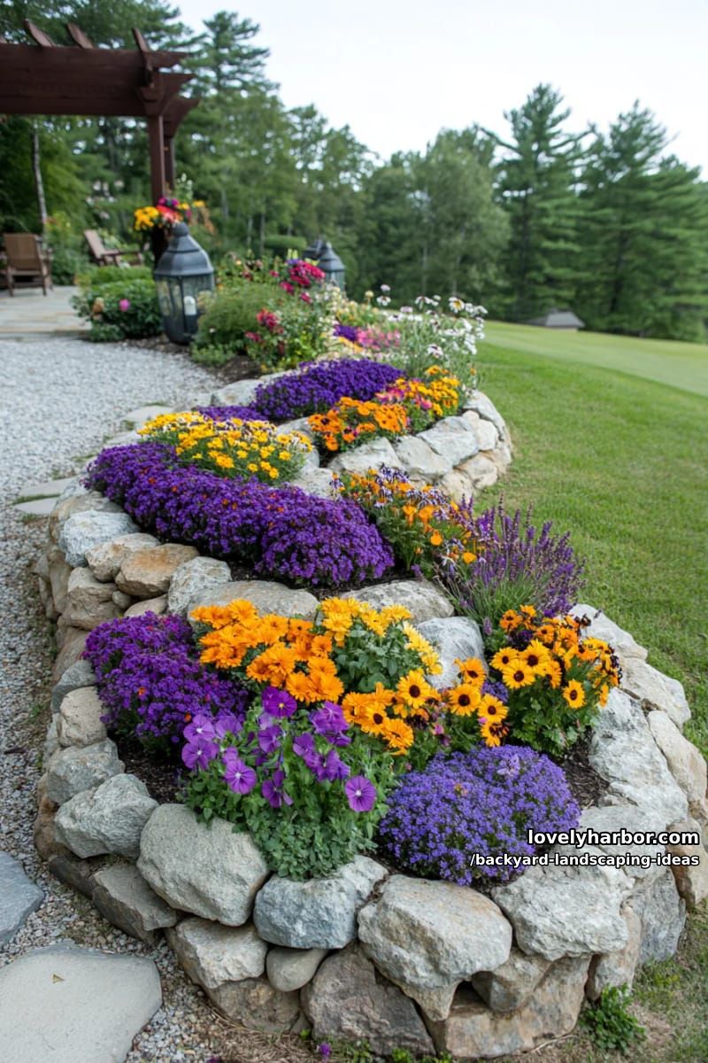 create a spiral rock garden with blooming flowers and layered greenery. 1