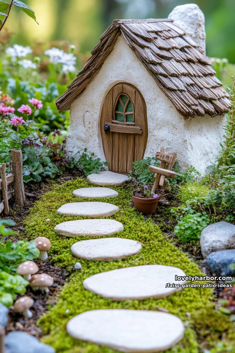 create a spiral stone pathway leading to a miniature fairy cottage. 1