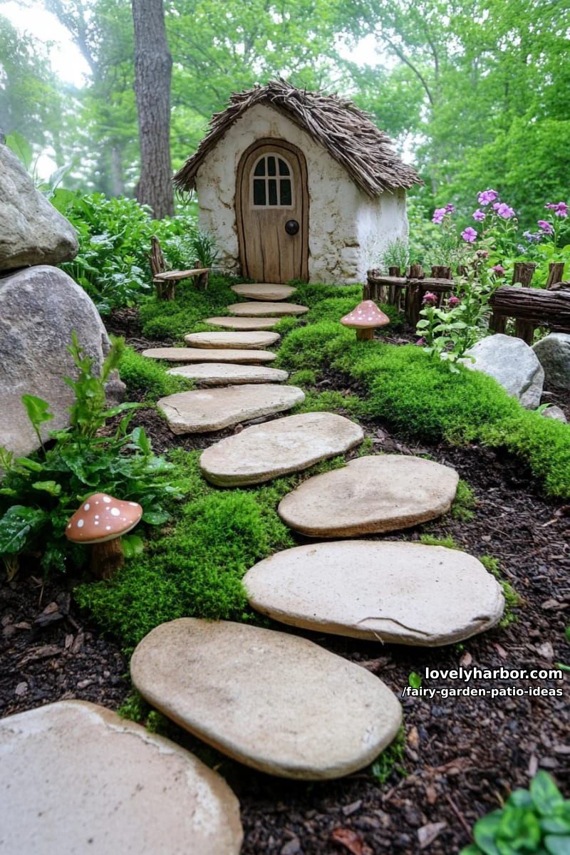 create a spiral stone pathway leading to a miniature fairy cottage. 1