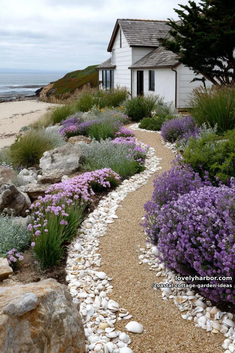 create a winding shell-lined garden path through lavender and sea thrift drifts 1