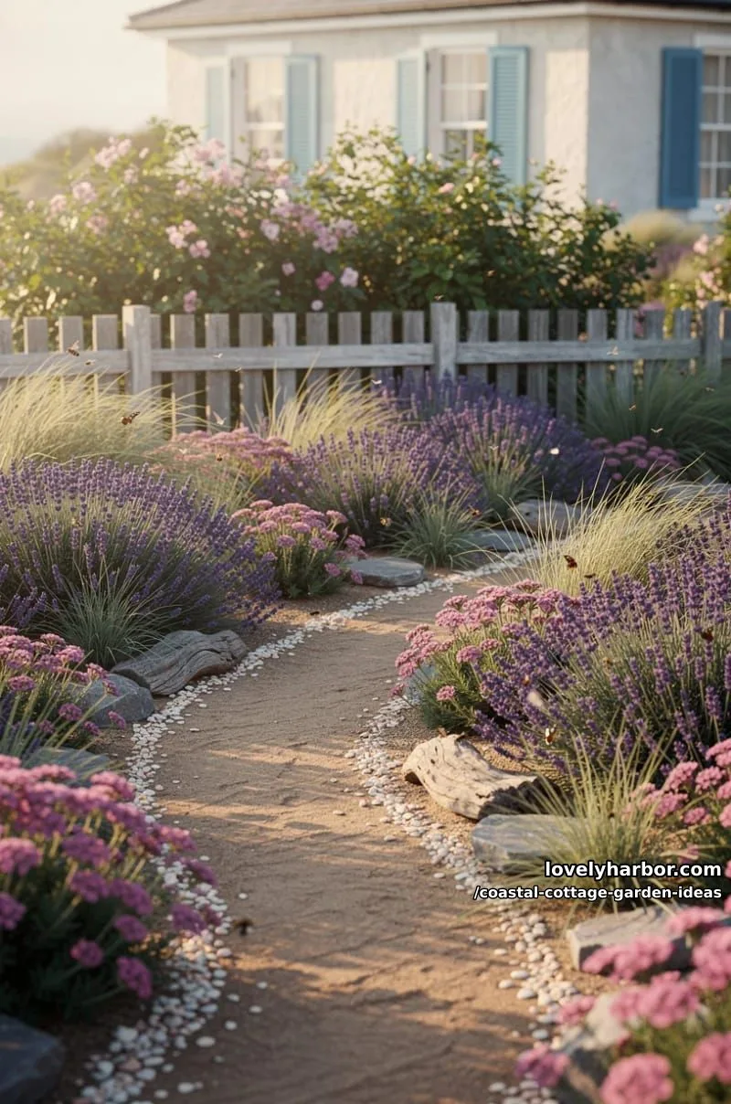 create a winding shell-lined garden path through lavender and sea thrift drifts 1
