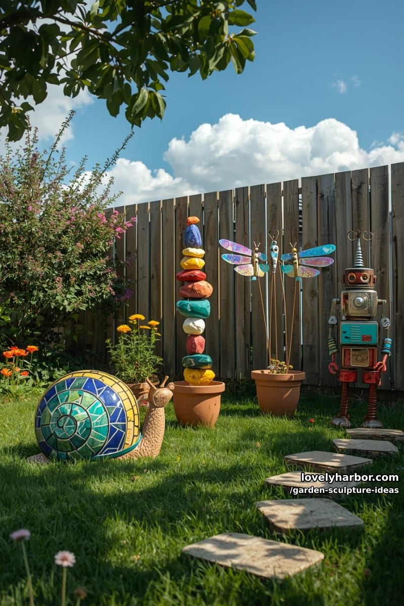 creative diy garden sculptures in various shapes and colors outdoors. 1