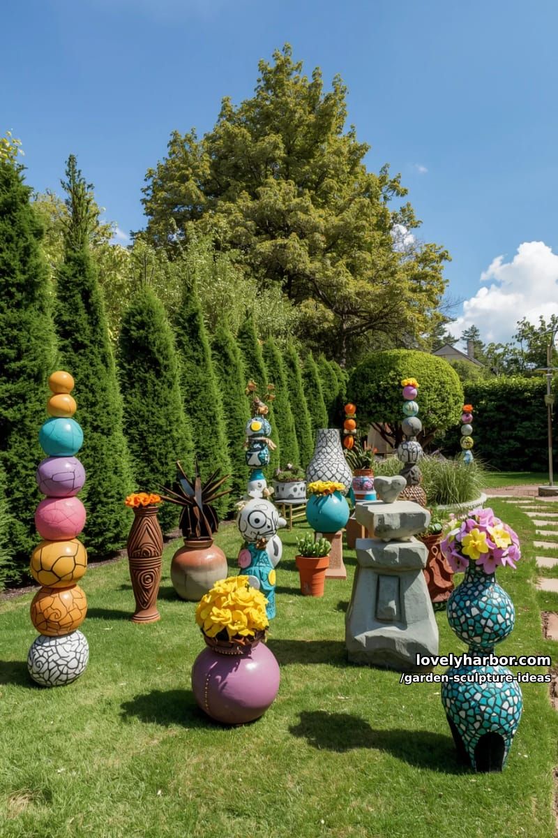 creative diy garden sculptures in various shapes and colors outdoors. 1