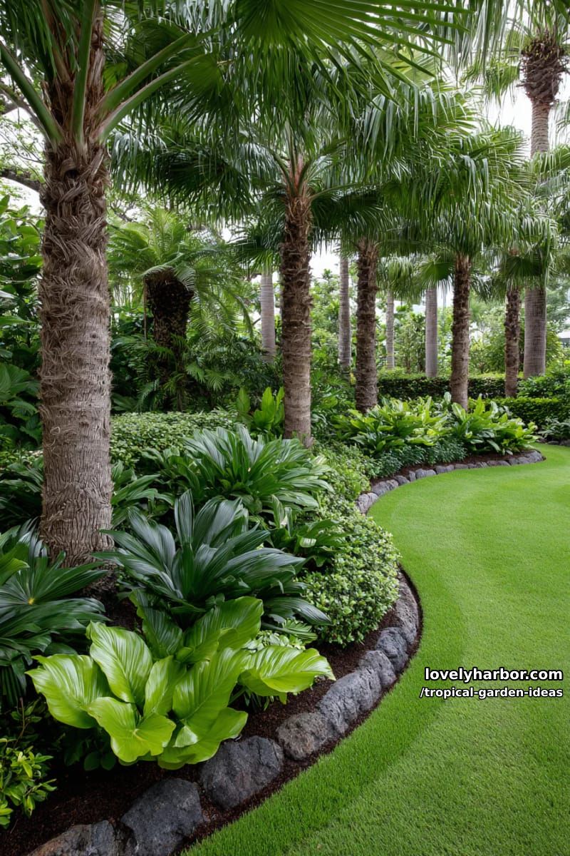 curved tropical garden edge with palms, shrubs, and manicured grass. 1