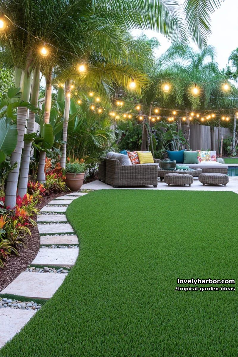 curved tropical garden edge with palms, shrubs, and manicured grass. 1