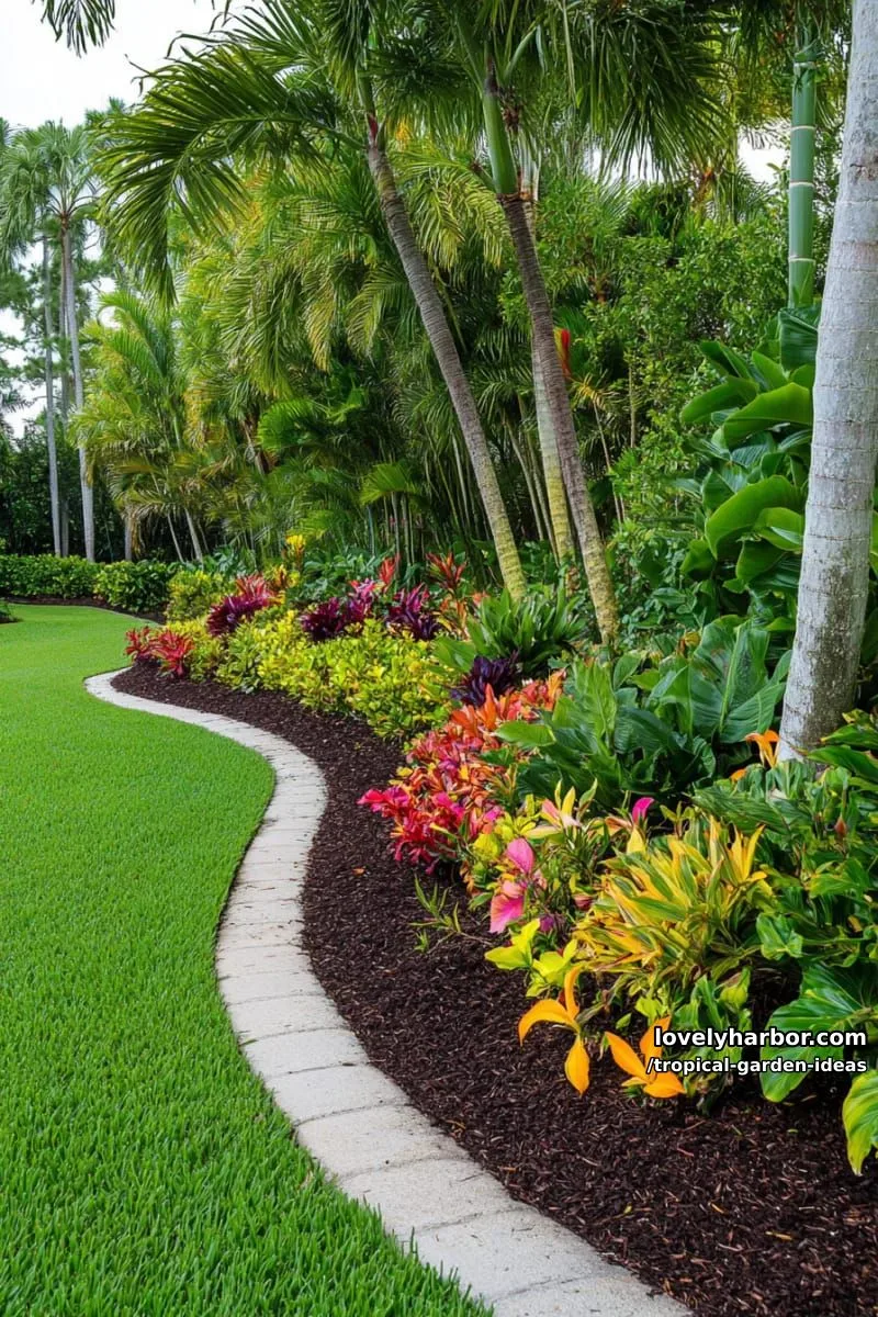 curved tropical garden edge with palms, shrubs, and manicured grass. 1