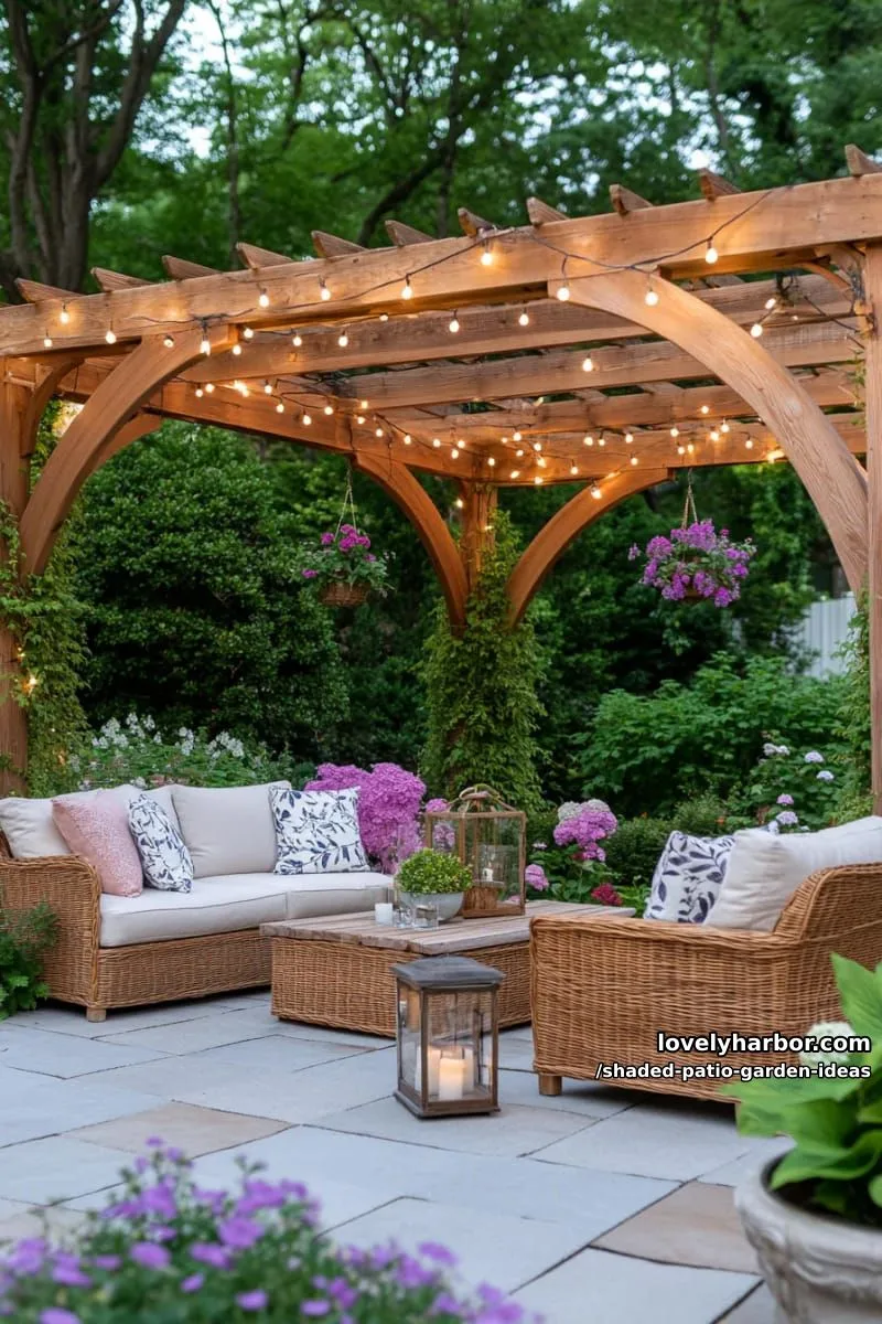 15 Dreamy Shaded Patio Garden Ideas to Inspire Your Backyard 31 curved wooden pergola covered in climbing clematis and string lights 1