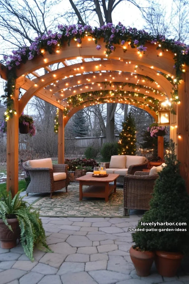 15 Dreamy Shaded Patio Garden Ideas to Inspire Your Backyard 32 curved wooden pergola covered in climbing clematis and string lights 1