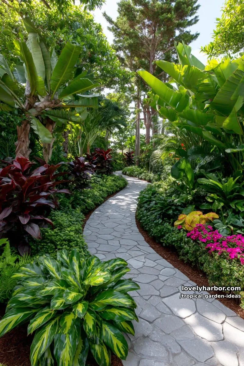 curving path bordered by vibrant, multicolored tropical foliage plants. 1