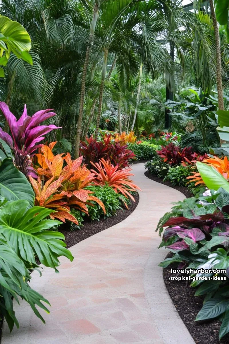 curving path bordered by vibrant, multicolored tropical foliage plants. 1